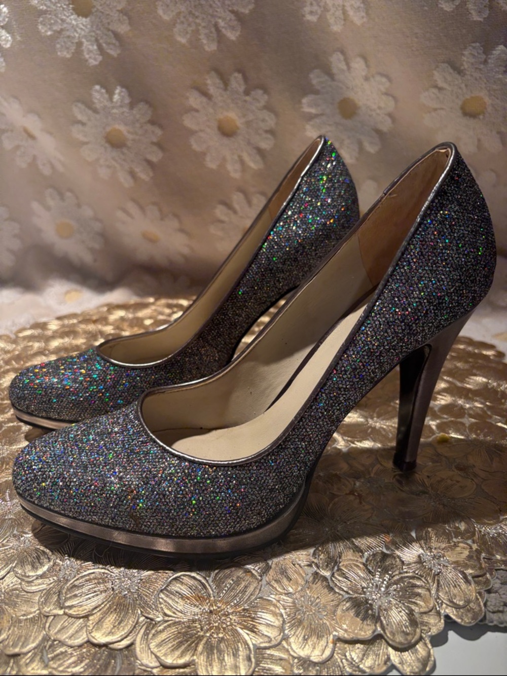 Nine West Silver Glitter Stiletto Pumps